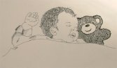 Baby in bed sketch in ink