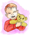 Young boy holding teddy bear water color illustration
