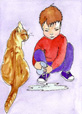 Boy playing with cat water colour illustration